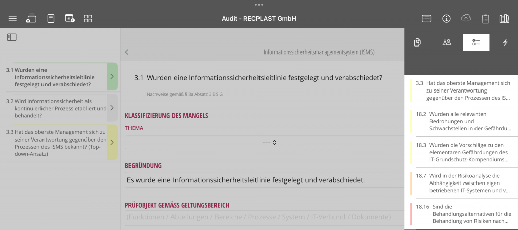 Übersicht - Prüfabschnitt inkl. Filterung von Mängeln